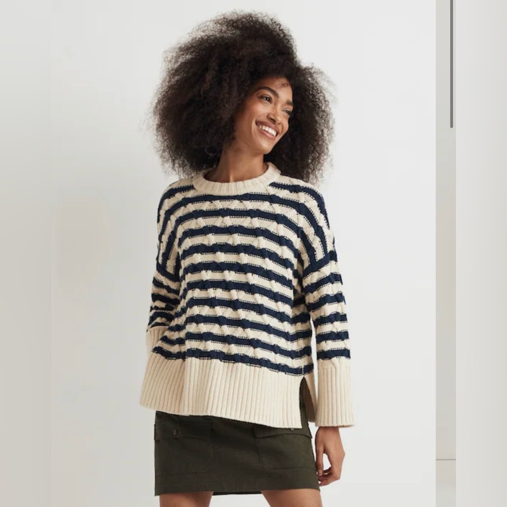 Madewell Cream and Navy Striped Cable-Knit Sweater